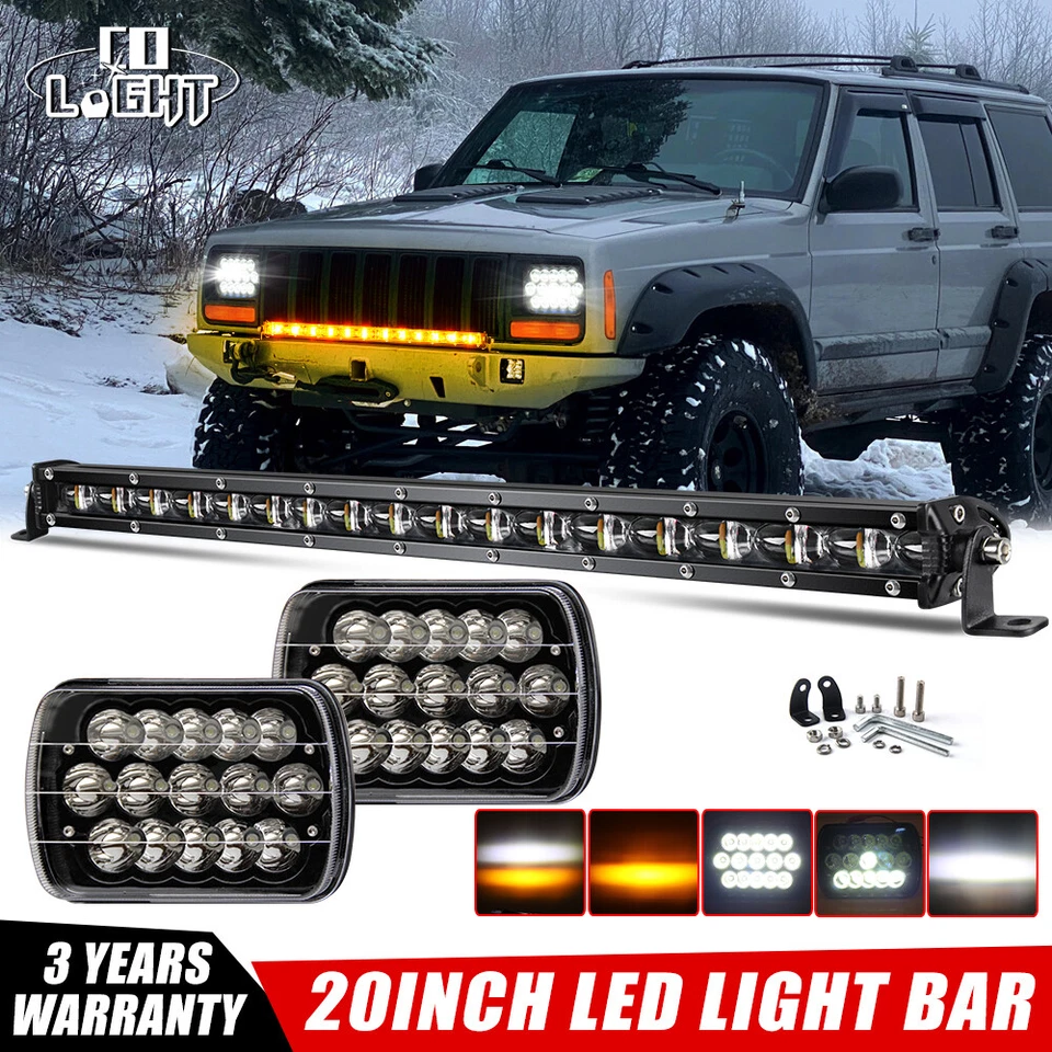 Faros LED 7X6" + Barra de luces LED ámbar/blanco para Jeep Cherokee XJ Wrangler YJ Foto 1 de 4