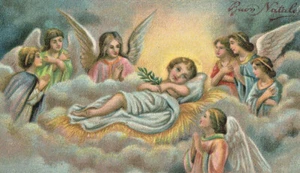 1943 Buon Natale Color Postcard Angles Baby Jesus Religious Spiritual Army Stamp - Picture 1 of 7