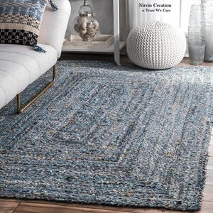 Rug Rectangle Denim & Jute Mix Runner Area Handmade Carpet Braided Modern Rugs - Picture 1 of 4