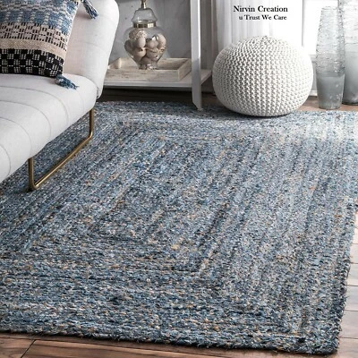Rug Rectangle Denim & Jute Mix Runner Area Handmade Carpet Braided Modern Rugs - Image 1 of 4