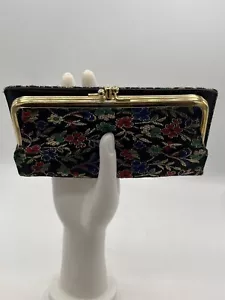 1960s floral clutch handbag, vintage 60s purse with brass kiss lock Gold Accent - Picture 1 of 5