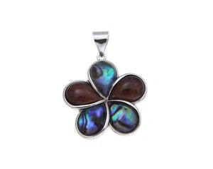 925 Sterling Silver Hawaiian Koa Wood Plumeria Flower Abalone Paua Shell Pendant - Picture 1 of 8