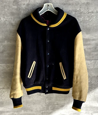 Vintage 1970s Black & Yellow Leather Sleeve Letterman Jacket Size L - Image 1 of 4