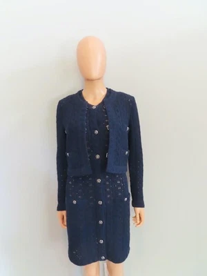 CHANEL Navy Cotton Floral Knit Cropped Cardigan Sweater F 34/US 2 - Image 1 of 4