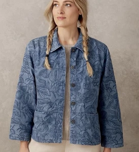 Vintage Chico's Blumen bestickt Jacke blau Denim Knopfleiste Damen Gr. 2 Blazer - Bild 1 von 14