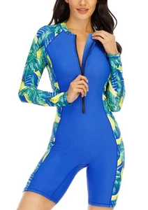 Women's Boyleg One Piece Rash Guard with Built in Bra UPF50+ Zip Long Sleeve ... - Picture 1 of 5