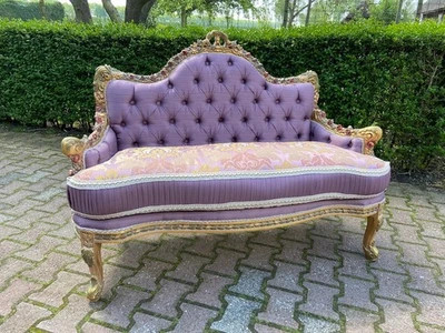 Sofa Couch Louis XVI Style Vintage French Gilded Beech & Purple Damask Fabric - Image 1 of 4