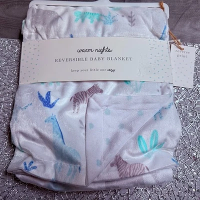 Manta Bebé Safari Animales 30"x40" Blanco Azul Verde Cálido Noches Reversible Nueva Con Etiquetas Foto 1 de 4