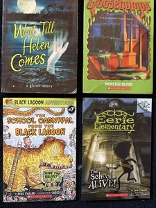 4 VNTG SCARY MYSTERY BOOKS FOR KIDS: RL STINE,MIKE THALER , J CHABERT, MARY HAHN - Picture 1 of 6