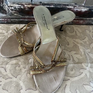 A. Marinelli Women's Gold Sparkly Sandals Size 8 1/2 Kitten Heel - Picture 1 of 7