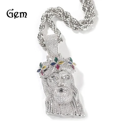 Hip Hop Colorful Cross Flower Jesus Pendant Necklace 5A Zircon Religious Jewelry - Image 1 of 4