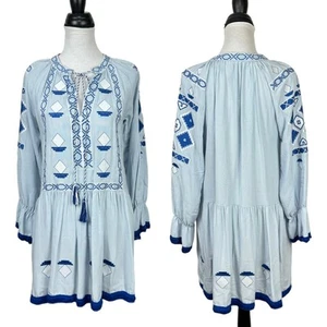 Chicwish M NWT Blue Embroidered Geometric Long Sleeve Tassel Fringe Mini Dress - Picture 1 of 8