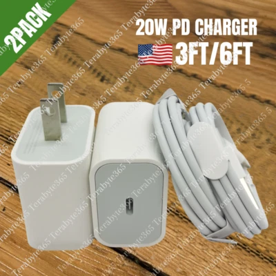 Pacote com 2 cabos adaptador de energia 20W PD carregador rápido USB tipo C para iPhone 14/13/12/Pro - Imagem 1 de 4