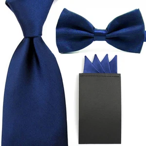 Men Solid Satin Bowtie 8cm Neck Tie Pre-folded 4 Point Hanky Pocket Square Set - Picture 1 of 19