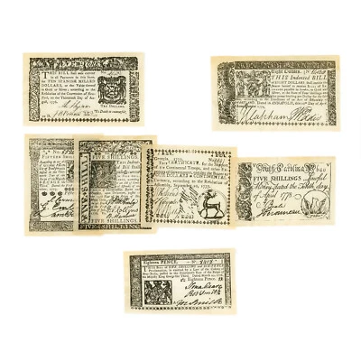 7 diff. US Colonial & Revolutionary 1770's Set A uniface currency reproductions - Image 1 of 2