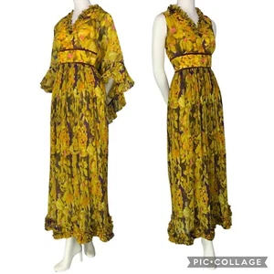 VTG Daymor Couture Dress Maxi Gown Daisy Jones 70s Ruffle Neck Pleated W/ Shawl - Picture 1 of 24