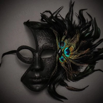 Black Venetian Peacock Feather Mask Women Masquerade Half Face Party Eye Mask - Image 1 of 3