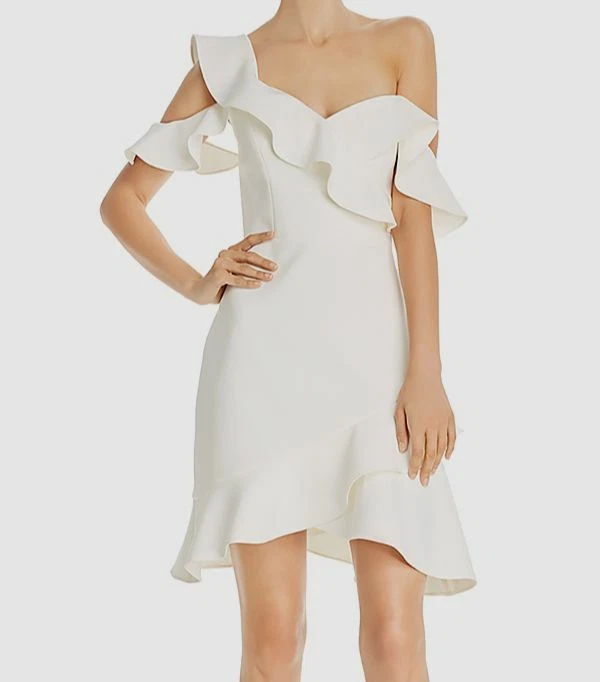 BCBGMAXAZRIA Womens White One Shoulder Ruffle Malik Mini Skirt Dress Size 4