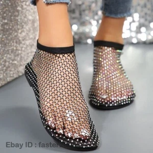 Womens Rhinestone Roman Round Toe Mesh Summer Flat Shoes Sandals Pump HOT 36-43 - Picture 1 of 21