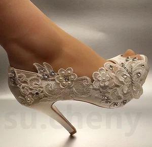 su.cheny 3"4" heel white ivory silk lace peep open toe Wedding Bridal heel shoes - Picture 1 of 12