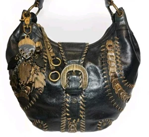 ISABELLA FIORE WOODLAND HAND STITCHED LEATHER WOOD GRAIN ACCENTED BLACK HOBO$795 - Picture 1 of 17