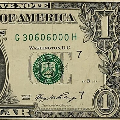 Alternating 0s Fancy Serial Number Dollar Bill G30606000H FW 5 of a kind 2006 - Image 1 of 4
