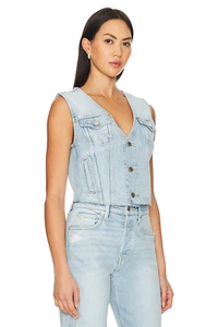 Etica Women's Organic Cotton Denim Cropped Blue Wash Vest Jacket Size Large - Picture 1 of 20