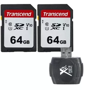 2 Pk Transcend 64GB SD XC UHS-1 Memory for Nikon Sony Canon + SD Card Reader - Picture 1 of 3