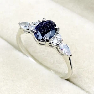Juego de anillos de compromiso de arenisca azul galaxia plata de ley 925 boda para mujer. - Imagen 1 de 6