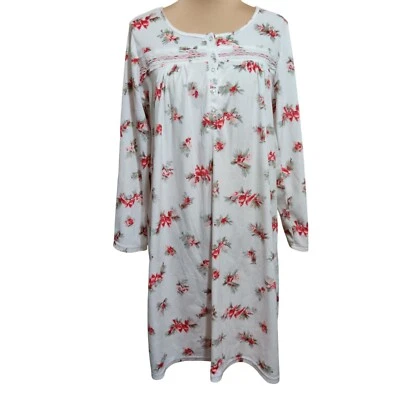 Laura Ashley M White Floral Fleece Nightgown Lace Trim Cardinal Bird Soft Cozy - Image 1 of 4