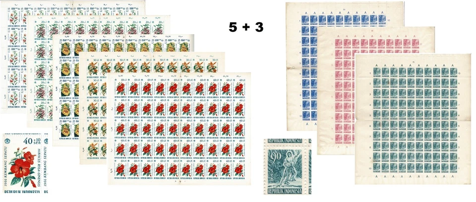 Indonesia Lote con 8 Hojas Completas MNH 1953, 1966. 800 estampillas Foto 1 de 4