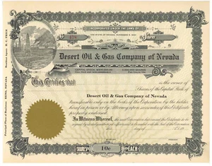 Desert Oil & Gas Company of Nevada. Lagerzertifikat - Bild 1 von 1