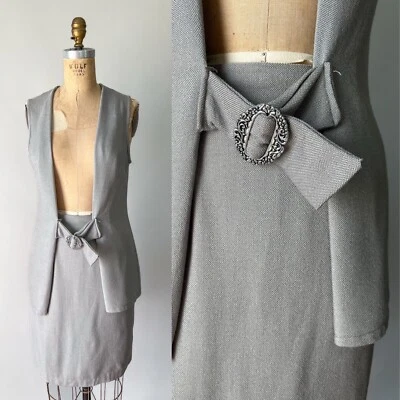 Vintage 1960s 70s Gray Linen Long Tunic Vest & Mini Skirt Suit 2PC Set Buckle M - Image 1 of 4