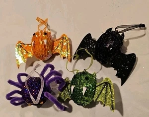 Set of 4 Pier 1 Sequin Glitter Vampire Bat Spider Halloween Ornaments - Picture 1 of 12