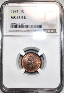 NGC MS-63 RB 1874 Indian Head Cent, Attractively Toned, Red-Brown specimen! - Picture 1 of 2