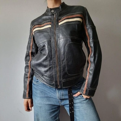 aviatrix leather biker motor zip jacket mens S stripe retro winter grunge vtg - Image 1 of 4