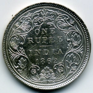 BRITISH INDIA 1862(b) BUST A REV. 11 SILVER 1 ONE RUPEE KM-473.1 BU - Picture 1 of 4
