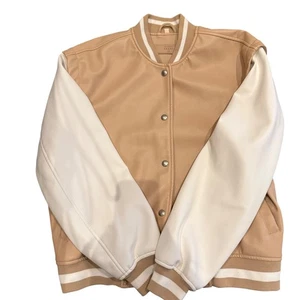 [BLANKNYC] Faux Leather Varsity Bomber Jacket Tan Cream White Size Small - Picture 1 of 6