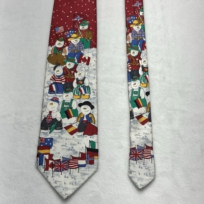 Vintage Snowman Countries Flag Windsor Tie Rack 100% Silk Neck Tie Men's 59" - Image 1 of 4