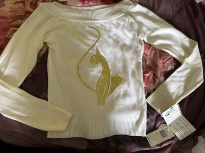 Suéter Vintage Y2K Baby Phat Cat Logo Grande Estrás Oro Blanco Nuevo con Etiquetas Foto 1 de 4