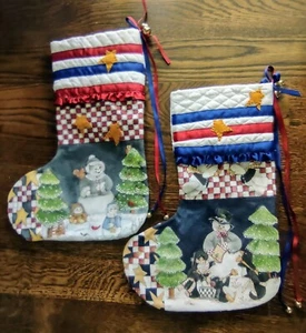 Christmas Stocking Snowman Canvas Hand Painted Quilted 18.5" Set Of 2 Stars - Picture 1 of 10
