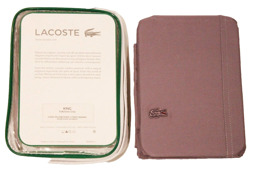 JUEGO DE 2 FUNDAS DE ALMOHADA LACOSTE Alligator Logo tamaño king gris piedra folclórica algodón Foto 1 de 1
