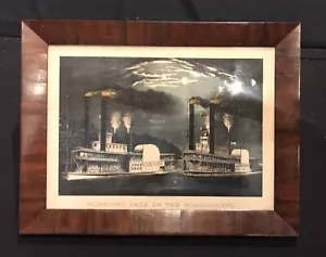 Currier & Ives Hand Colored 1875 Lithograph The Midnight Race On The Mississippi - Picture 1 of 4