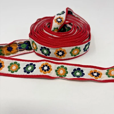 Jacquard Ribbon Embroidered Flowers Red Egde Trim 1" White Blue Green Orange 4yd - Image 1 of 4