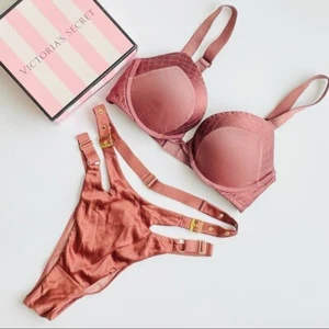32D MEDIANO Victoria’s Secret Tostado Rosa Pushup Sujetador Conjunto Hebilla Bragas Brasileñas - Imagen 1 de 7