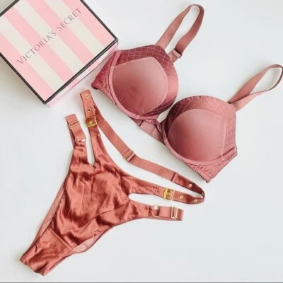 32D MEDIANO Victoria’s Secret Tostado Rosa Pushup Sujetador Conjunto Hebilla Bragas Brasileñas Foto 1 de 4
