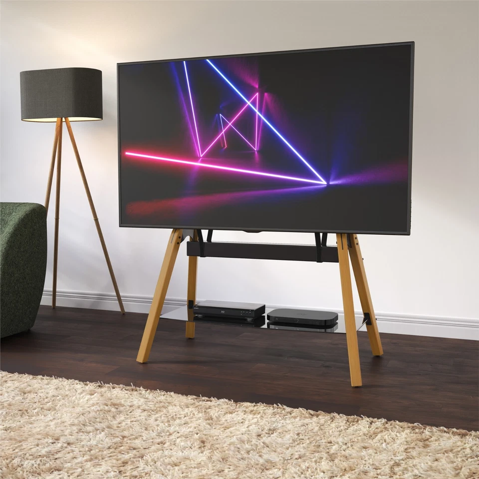 AVF Hoxton Quad TV Floor Stand - Free-standing Tripod Unit, Wood Legs, 43"-86" - Image 1 of 1