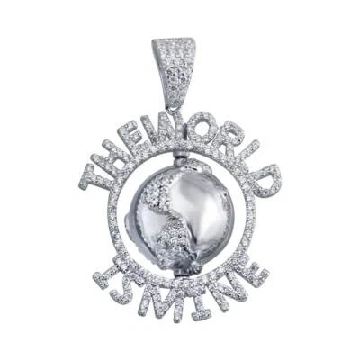 Pendente Hip Hop In Argento Sterling Con Globo Mondiale E Pietre CZ Micro Pave - Immagine 1 di 2