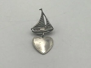 Sailboat Pin Brooch Dangling Heart Charm Engravable Sweetheart Vintage Small - Picture 1 of 5