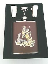 "A hard day's shooting" game day leather hip flask, 2 tumblers & funnel (AC13)